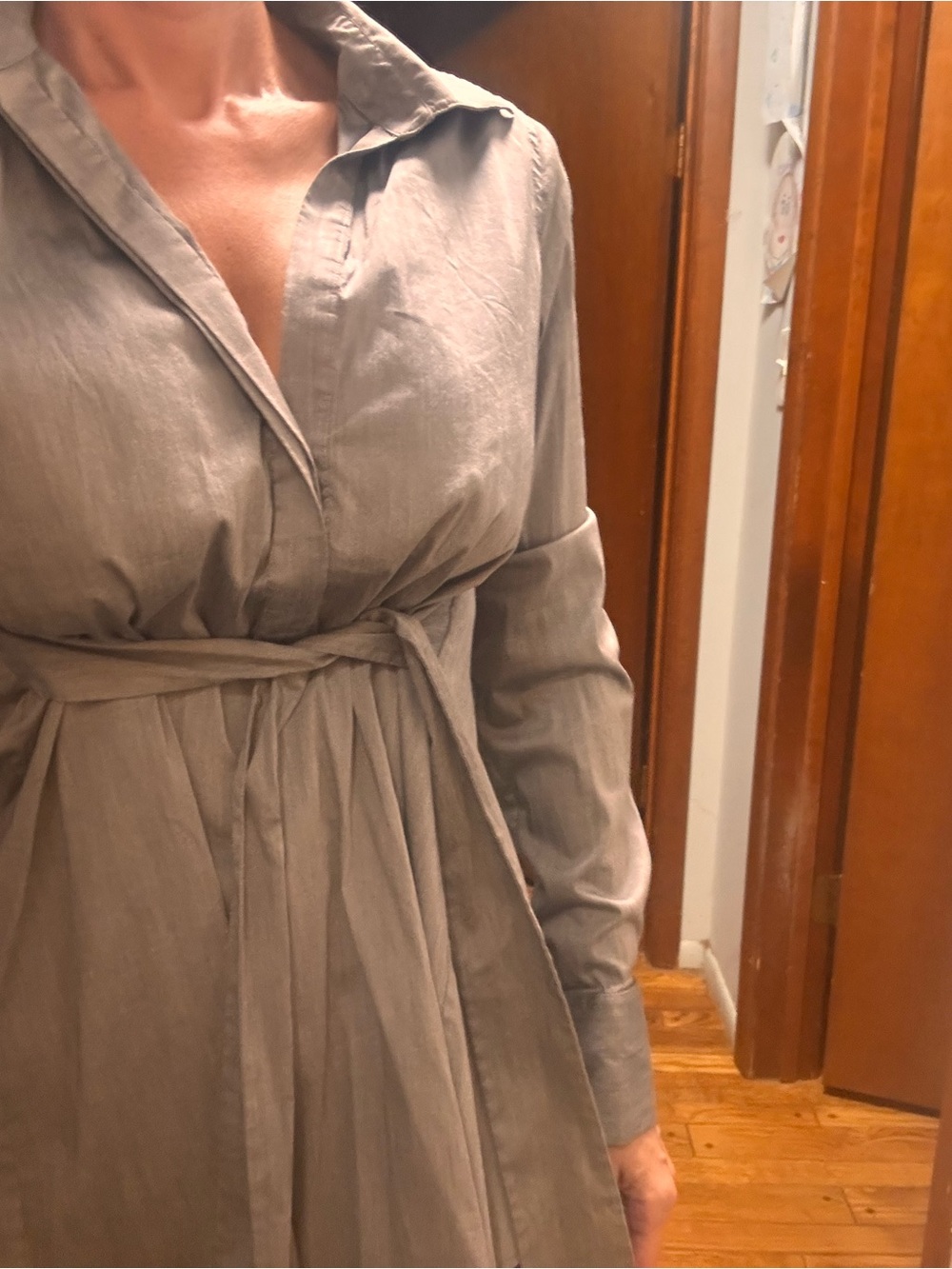 BCBGMaxAzria Taupe Long-Sleeve Collared Tie-Waist blouse